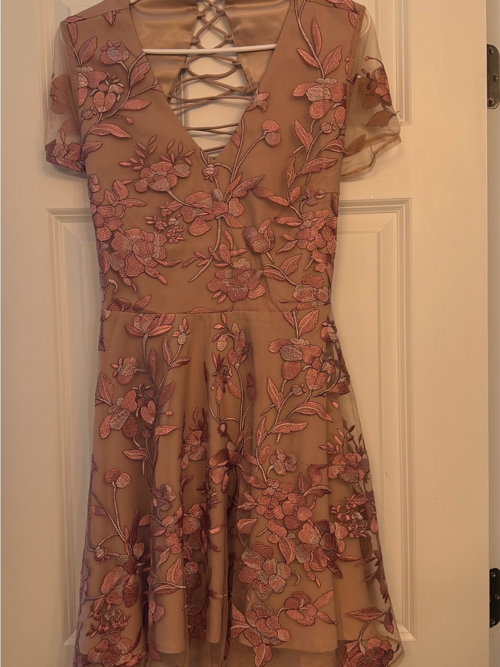 Lavish Alice Pink Floral Embroidered Lace-Up Mini Dress